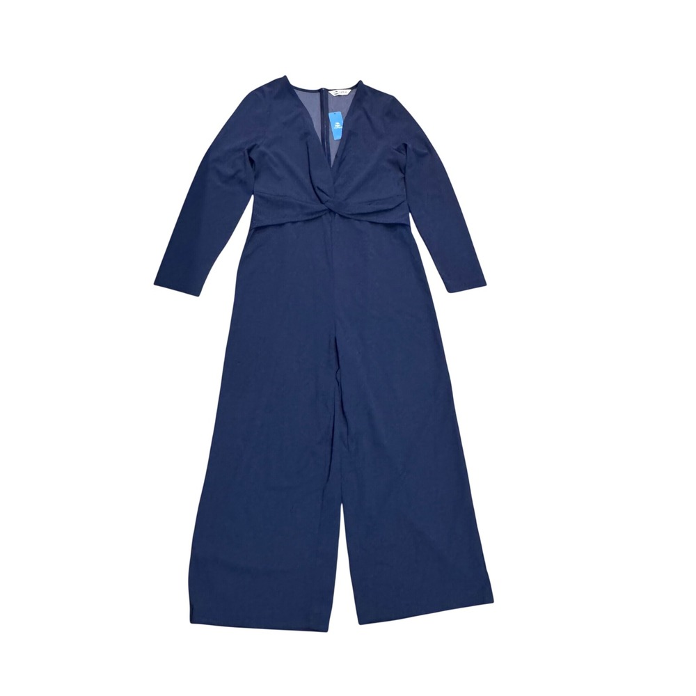 Cupshe Jumpsuit Women XL‎ Navy Blue NEW Twist Front V-Neck Long Sleeve Wide Leg